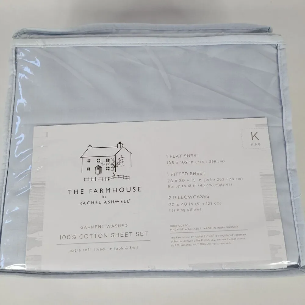 Shabby Chic 4pc KING Sheets Set Solid Light Blue Cotton Farmhouse Rachel Ashwell